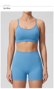 Detail view of seamless sea blue yoga set with sports bra and high waist shorts