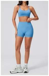Detail of sky blue seamless yoga set with ribbed waistband and fine straps on model