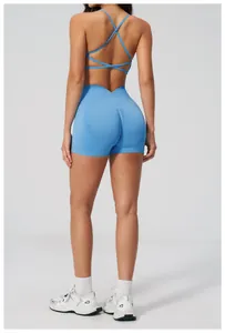 Detail of light blue high-waist yoga shorts with scrunch butt lifting design