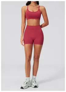 Close-up of berry pink seamless yoga set with sports bra and high-waist shorts