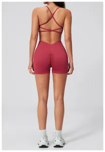 Detail of high waist seamless yoga set with scrunch butt shorts and strappy back bra