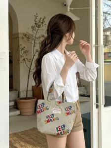 Women Corduroy Handbag Letter Print Smiley Face Portable Lunch Tote Casual Street Style Small Brown