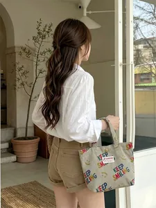 Corduroy tote bag with Keep Smiling print and smiley face for daily casual use