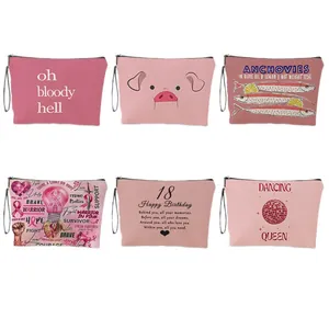 Set di sei pochette per trucco in tela con stampe creative e chiusura a zip