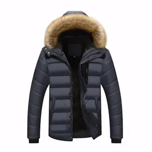 Men's winter heavy quilted puffer jacket in dark grey with faux fur hood