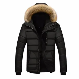 Men's winter hooded jacket in black featuring a fluffy faux fur collar and quilted design