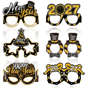 Set of 6 paper New Year 2027 party glasses in glittery gold, silver, and black designs
