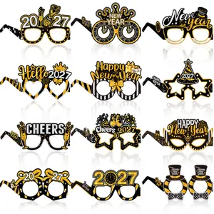 Set of 12 black and gold 2027 New Year paper party glasses with festive glitter designs