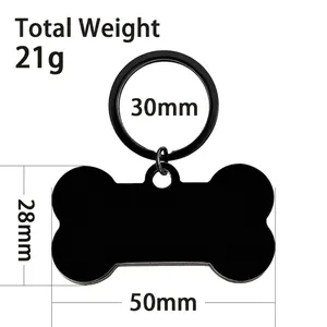 Black stainless steel bone-shaped pet ID tag with 50mm width and 30mm ring