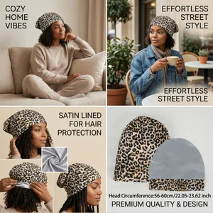 Bonnet léopard doublé de satin argenté pour la protection des cheveux et style urbain