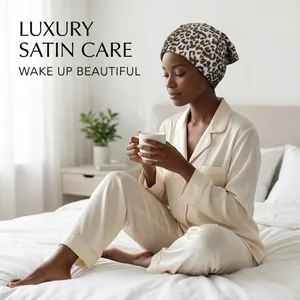 Bonnet de nuit en satin léopard de luxe et ensemble pyjama en soie dans un décor cosy