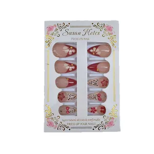 Long almond press-on nails with cherry, floral and leopard print designs, 24pcs set