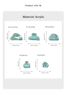 Size chart showing acrylic hair claw dimensions and weight for geometric blue hair clips