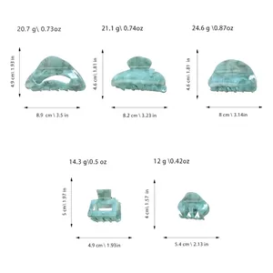 Size chart for blue acrylic hair claw clips showing dimensions and weight for 5 styles