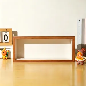 Macro detail of the natural wood grain and white interior of the rectangle display box