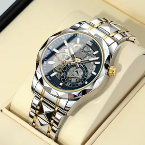 Men Business Simple Quartz Watch Stainless Steel Hollow Design Waterproof Luminous Hands Faceted Bezel Fashion Wristwatch