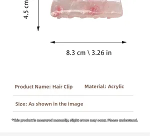 Detail view of pink marble acrylic hair claw clip with dimensions 8.3cm by 4.5cm