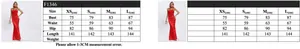 Detailed size chart for red slim fit rhinestone evening dress with bust and hip measurements