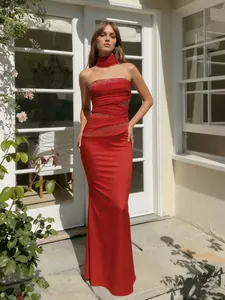 Women Red Off Shoulder Rhinestone Satin Mermaid Evening Dress Sleeveless Formal Party Gown With Matching Choker