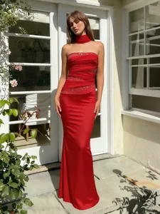 Elegant red slim-fit evening gown with sparkling rhinestones and a matching neck scarf