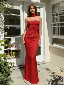 Elegant red ruched strapless evening gown with sparkling rhinestones and matching neck ring