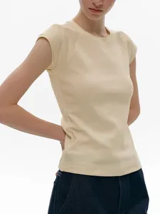 Slim fit light yellow cap sleeve t-shirt with crew neck and ribbed texture