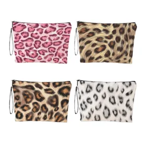 Portable leopard print makeup bags set in four colors with zipper and wrist strap handles
