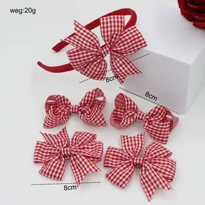 5-piece British red plaid headband and bow hair clip set for girls weight 20g