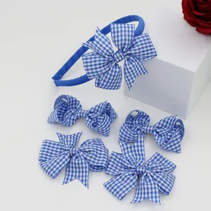 5-piece set of blue and white plaid bow headbands and sweet princess hair clips for girls