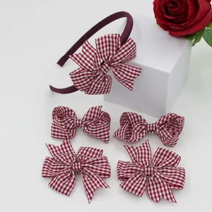 Detailed set of 5 red and white plaid British style bows hairband and hairpins