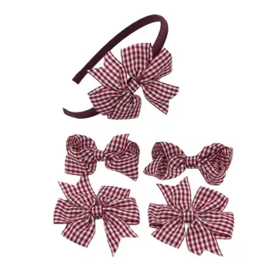 5-piece British style gingham headband and hair clips set for girls in red and white