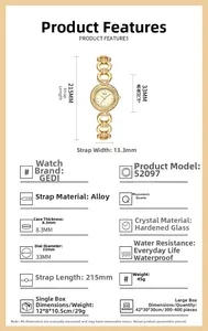 Dimensioni dettagliate dell'orologio al quarzo dorato con quadrante da 33 mm