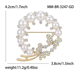 Broche couronne de perles avec papillons en cristal et finition dorée mesures