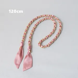 Pink silk ribbon wrapped gold chain strap for handbags with dual metal hooks 120cm