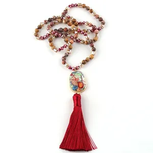 Bohemian tassel necklace with colorful natural semi-precious stone and faceted beads