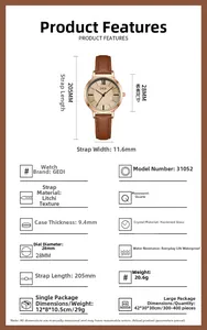 Detailed size chart of women quartz watch with brown leather strap and gold case