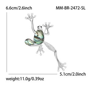 Broche grenouille avec nacre d'abalone et strass sur fond blanc, taille 6,6cm x 5,1cm