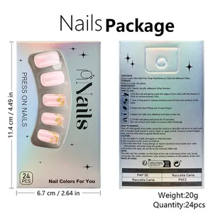 Detail of pink gradient press-on nail packaging with gold glitter and laser box design