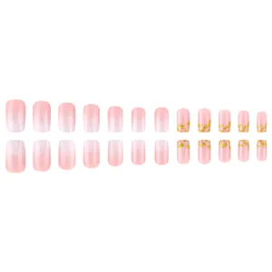Medium length pink gradient press-on nails with gold foil accents, 24-piece set