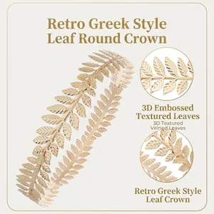 Vintage Greek style golden leaf crown headband with detailed 3D embossed leaf textures