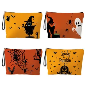 Halloween makeup bags set with spooky pumpkin and scarecrow prints in orange and yellow