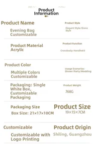 Detailed specifications for acrylic evening clutch bag showing dimensions 19x15x7cm