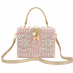 Pink marble acrylic evening clutch with floral crystal rhinestones and gold handle