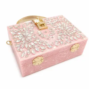 Pink marble acrylic evening clutch with sparkling rhinestone floral pattern and gold handle