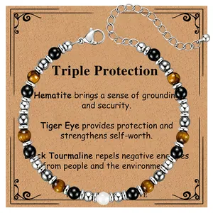 Detail of beaded bracelet with hematite, tiger eye, and black tourmaline on display card