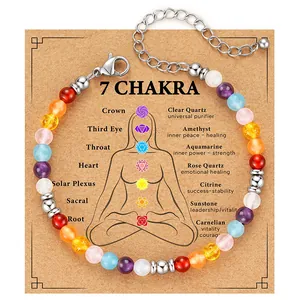 Detail of 7 Chakra gemstone bracelet featuring crystal beads and heart charm on card