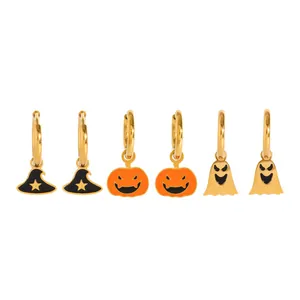 Halloween earring set with witch hats, pumpkins and ghosts in gold stainless steel