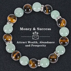 Macro shot of tiger eye and green aventurine beaded bracelet with crystal spacer rings