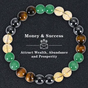 Detail view of handmade beaded bracelet with tiger eye, aventurine and obsidian stones