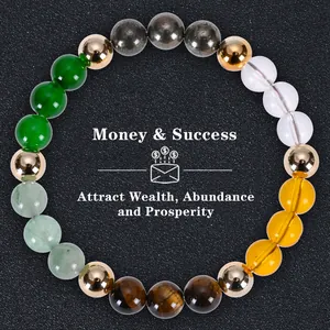 Macro shot of green aventurine and tiger eye beads on the Money & Success bracelet